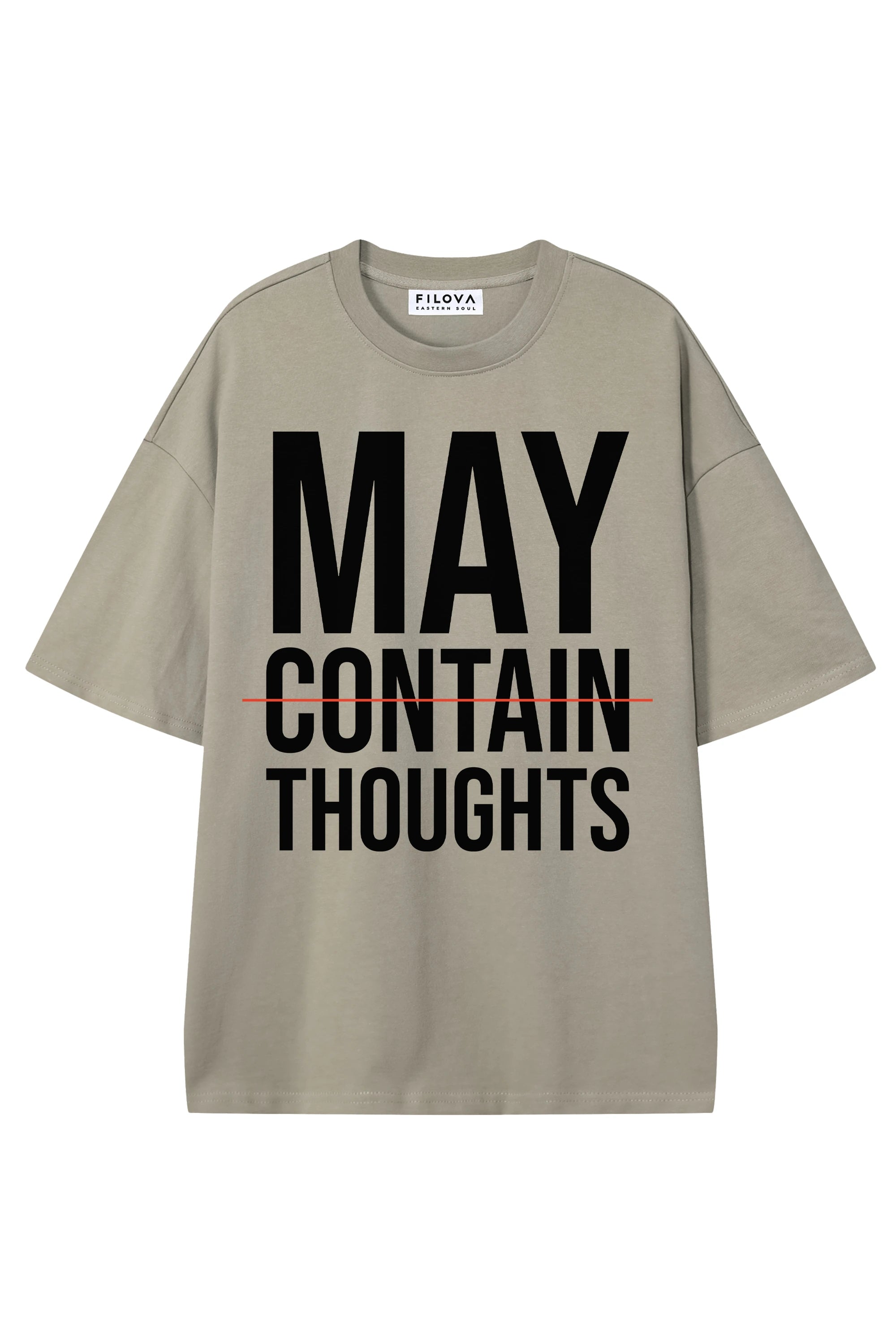 May Contain Thoughts Dark Apricot graphic T-shirt, flat lay front view