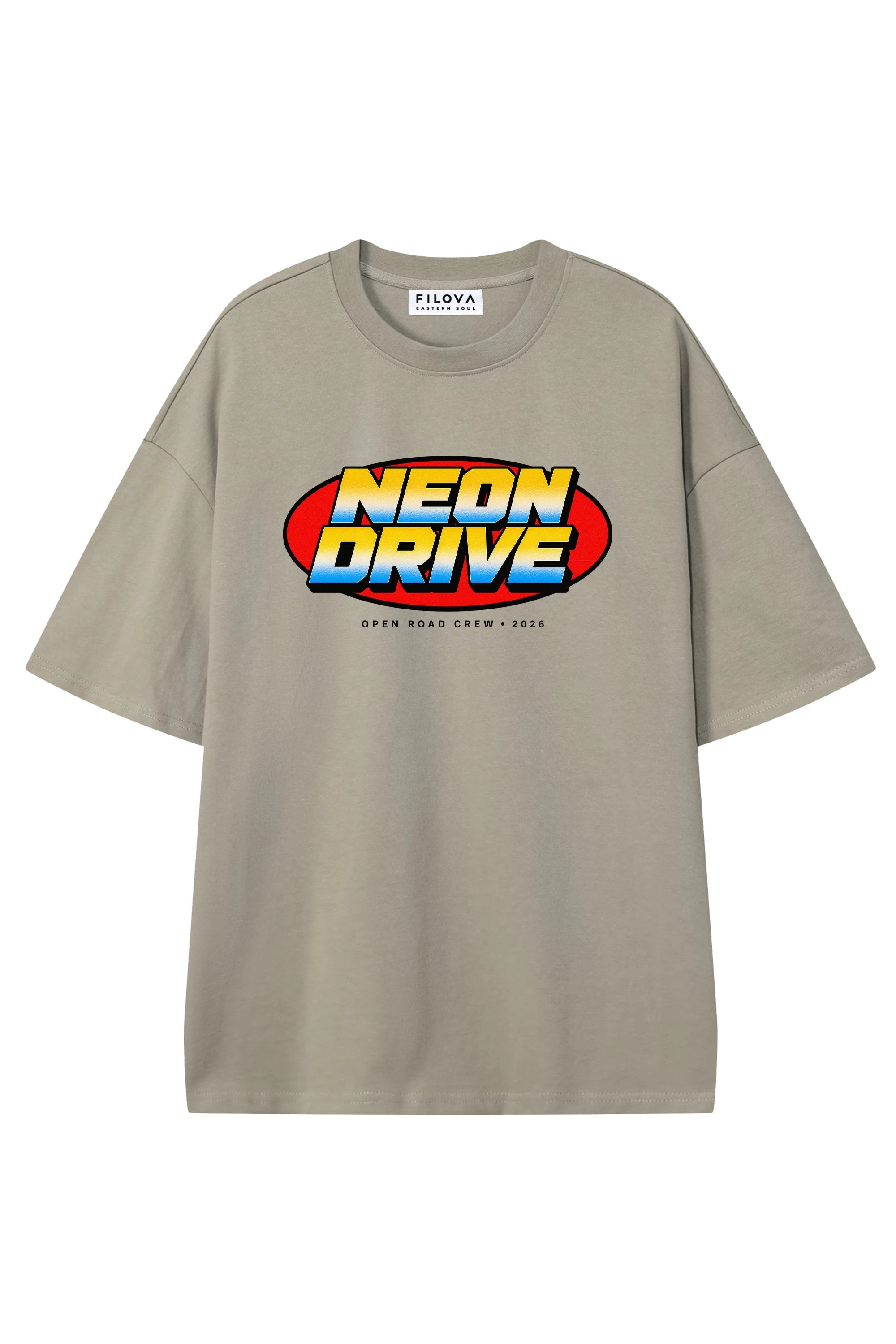 Neon Drive Dark Apricot graphic T-shirt, flat lay front view