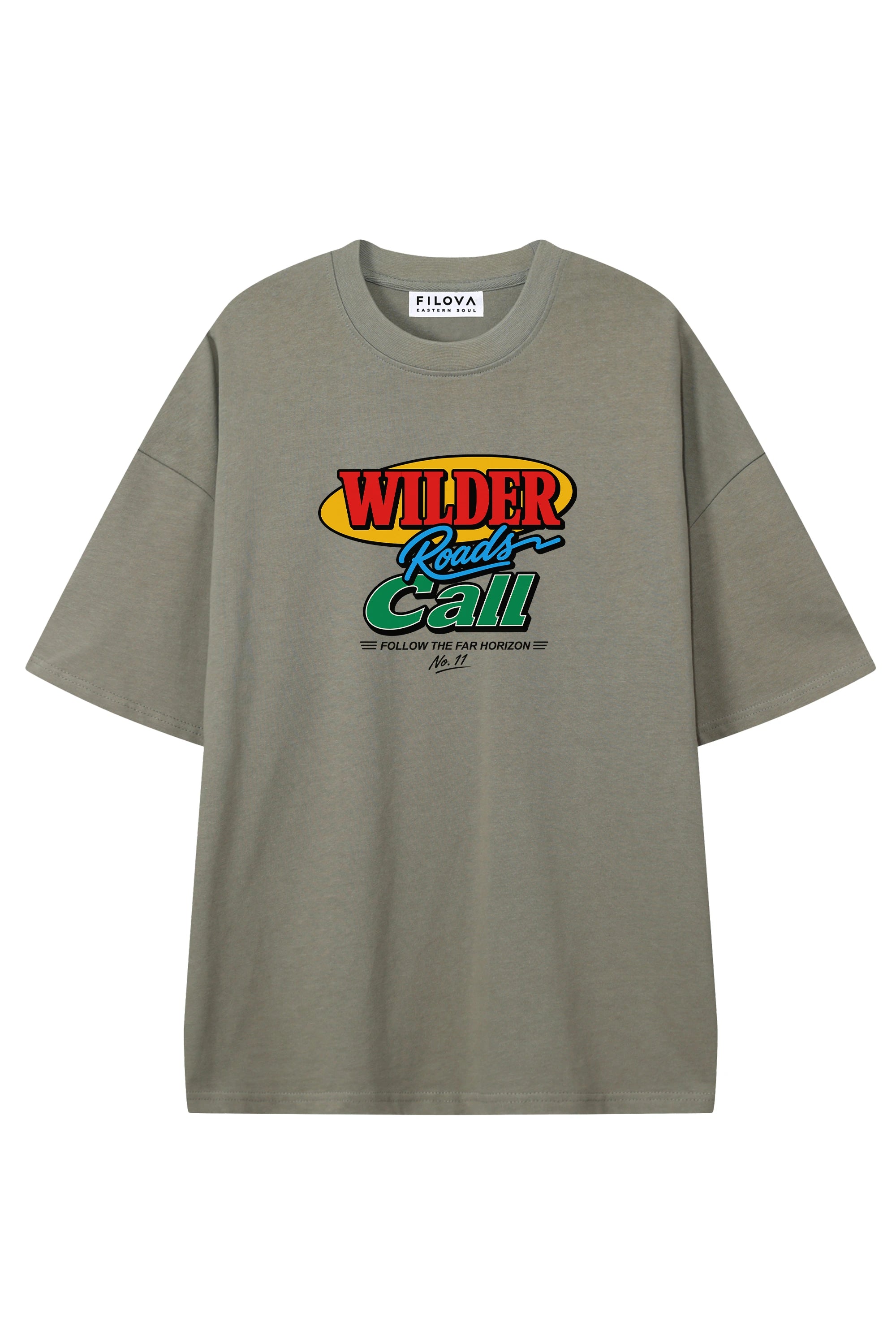 Wilder Roads Call Dark Gray graphic T-shirt, flat lay front view