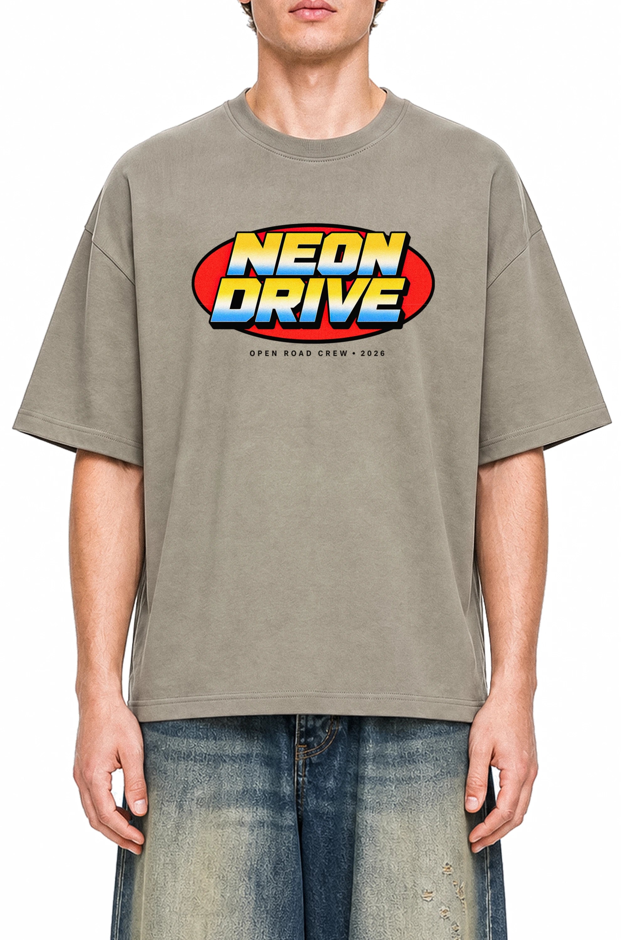 Neon Drive Dark Apricot graphic T-shirt, model front view