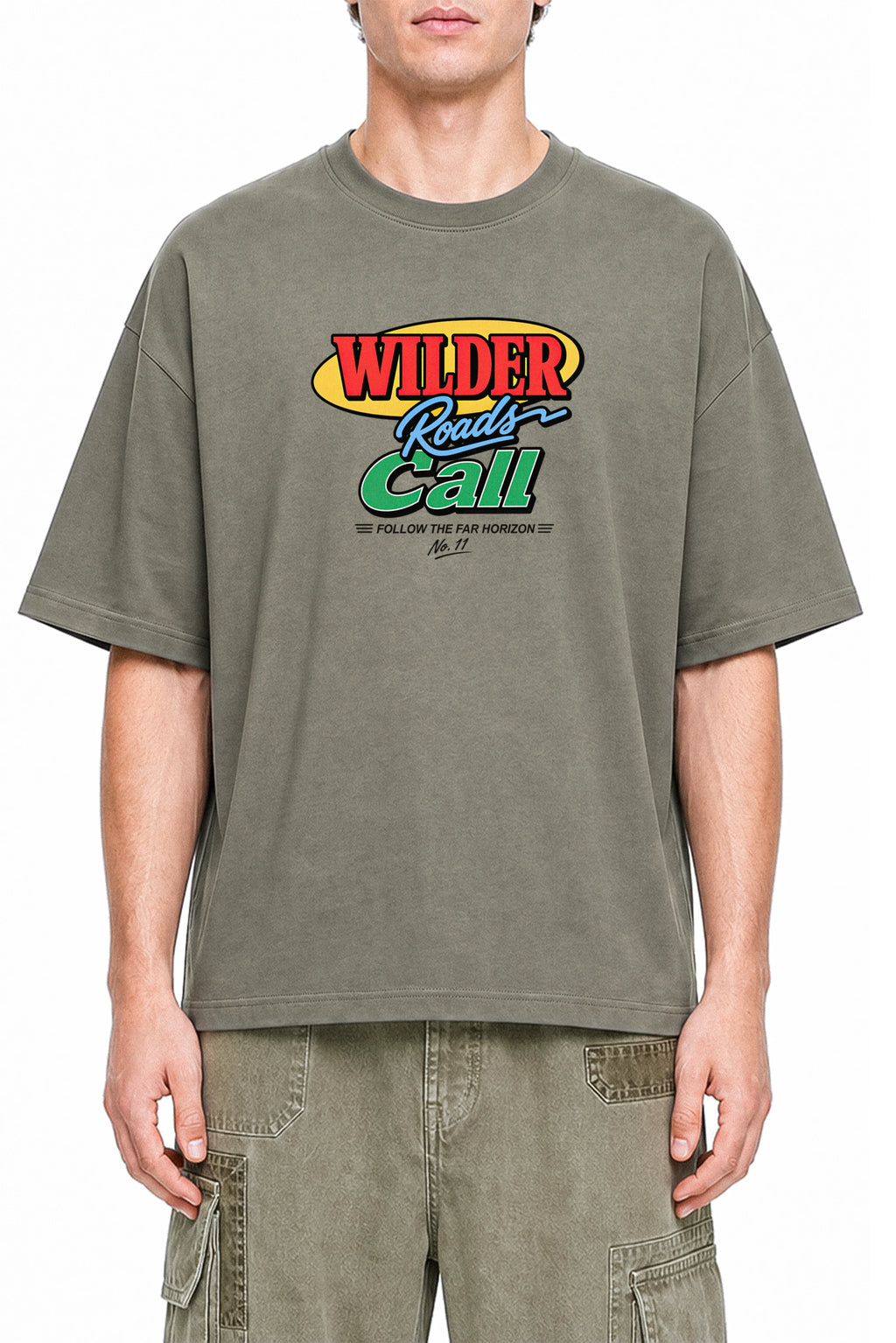 Wilder Roads Call Dark Gray graphic T-shirt, model front view