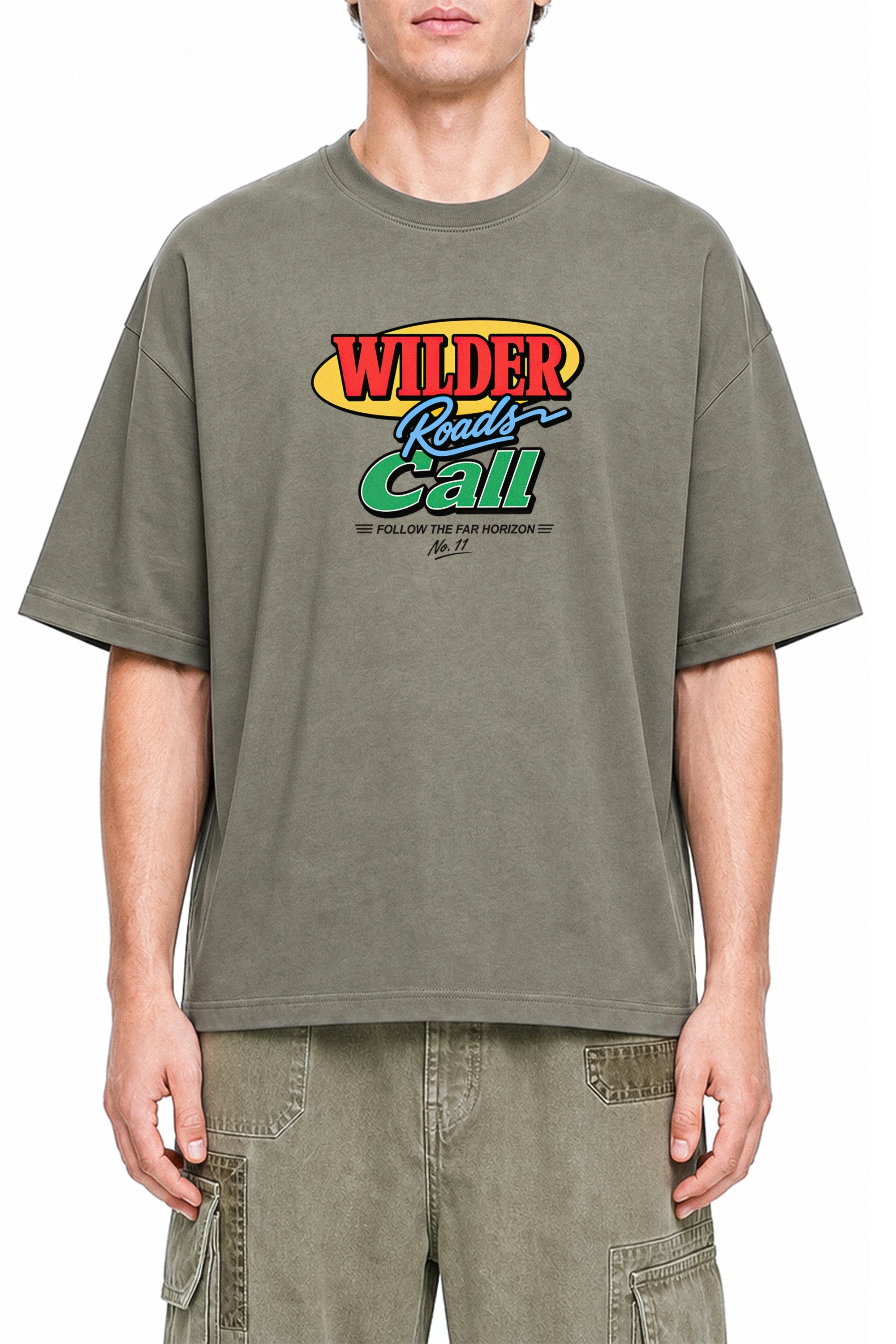 Wilder Roads Call Dark Gray graphic T-shirt, model front view