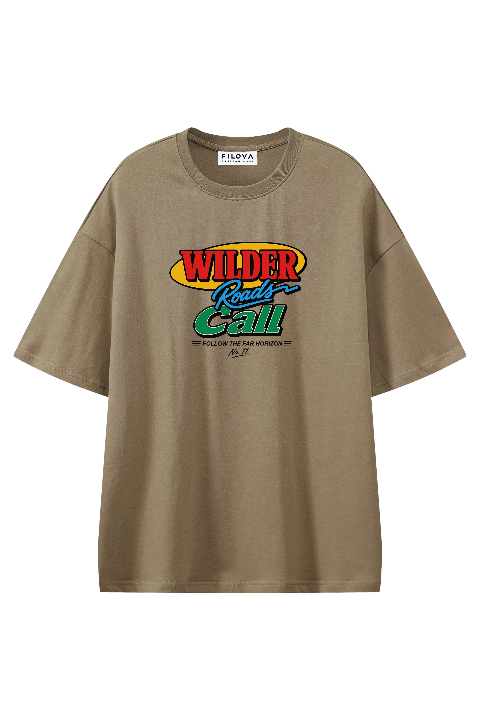 Wilder Roads Call Coffee graphic T-shirt, flat lay front view
