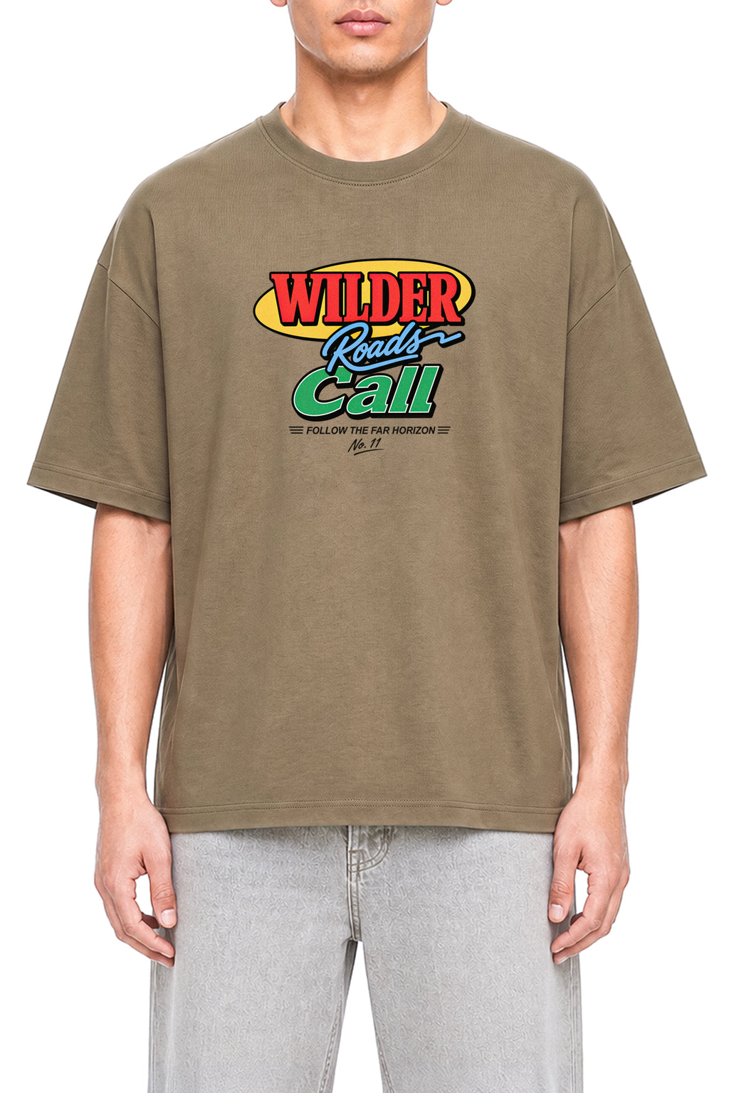 Wilder Roads Call Coffee graphic T-shirt, model front view