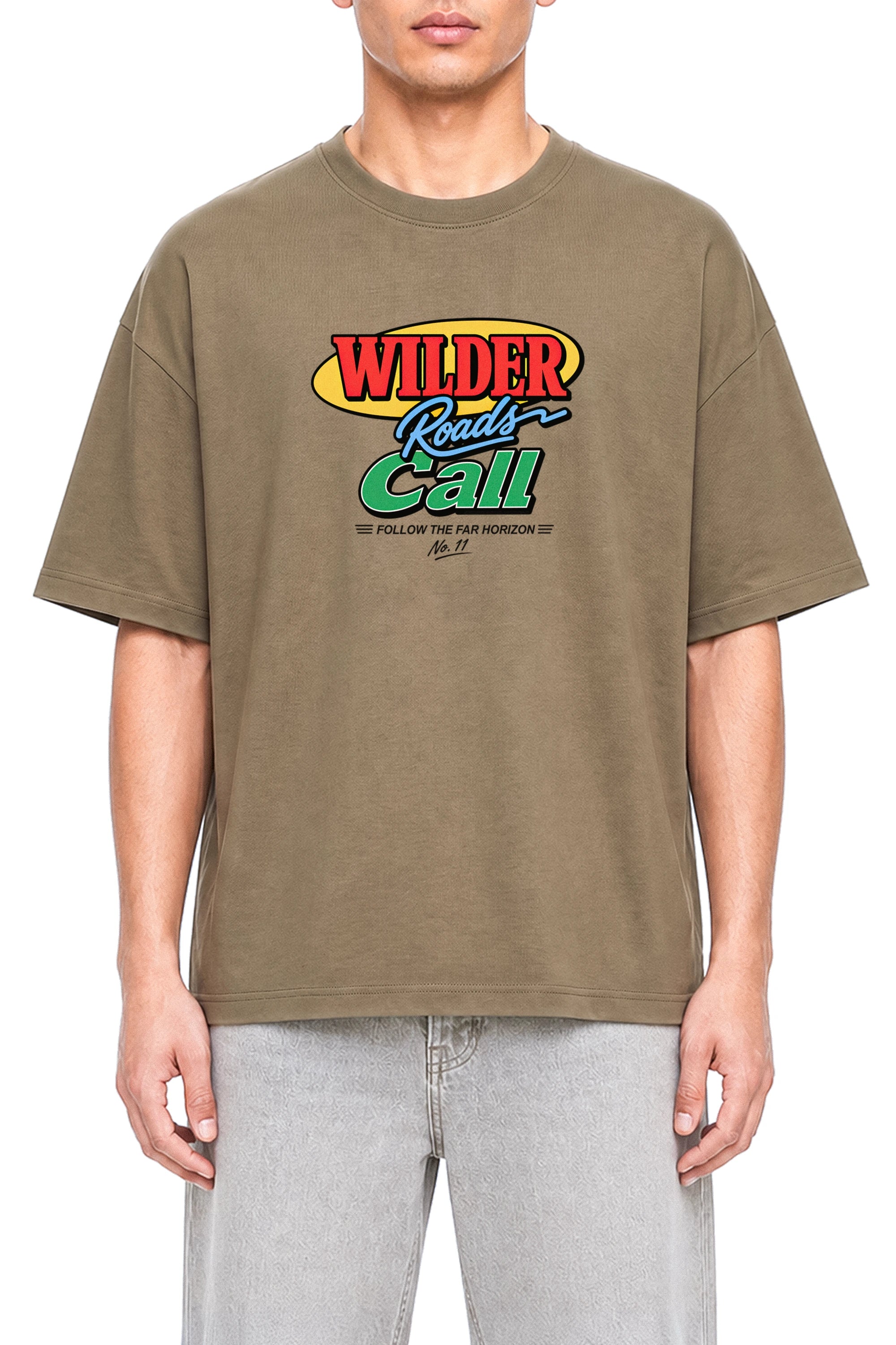 Wilder Roads Call Coffee graphic T-shirt, model front view