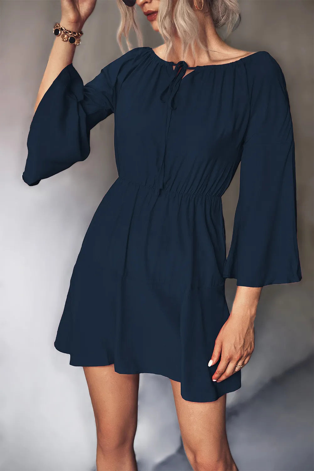 Tie-Neck Flare-Sleeve Mini Dress – view 7