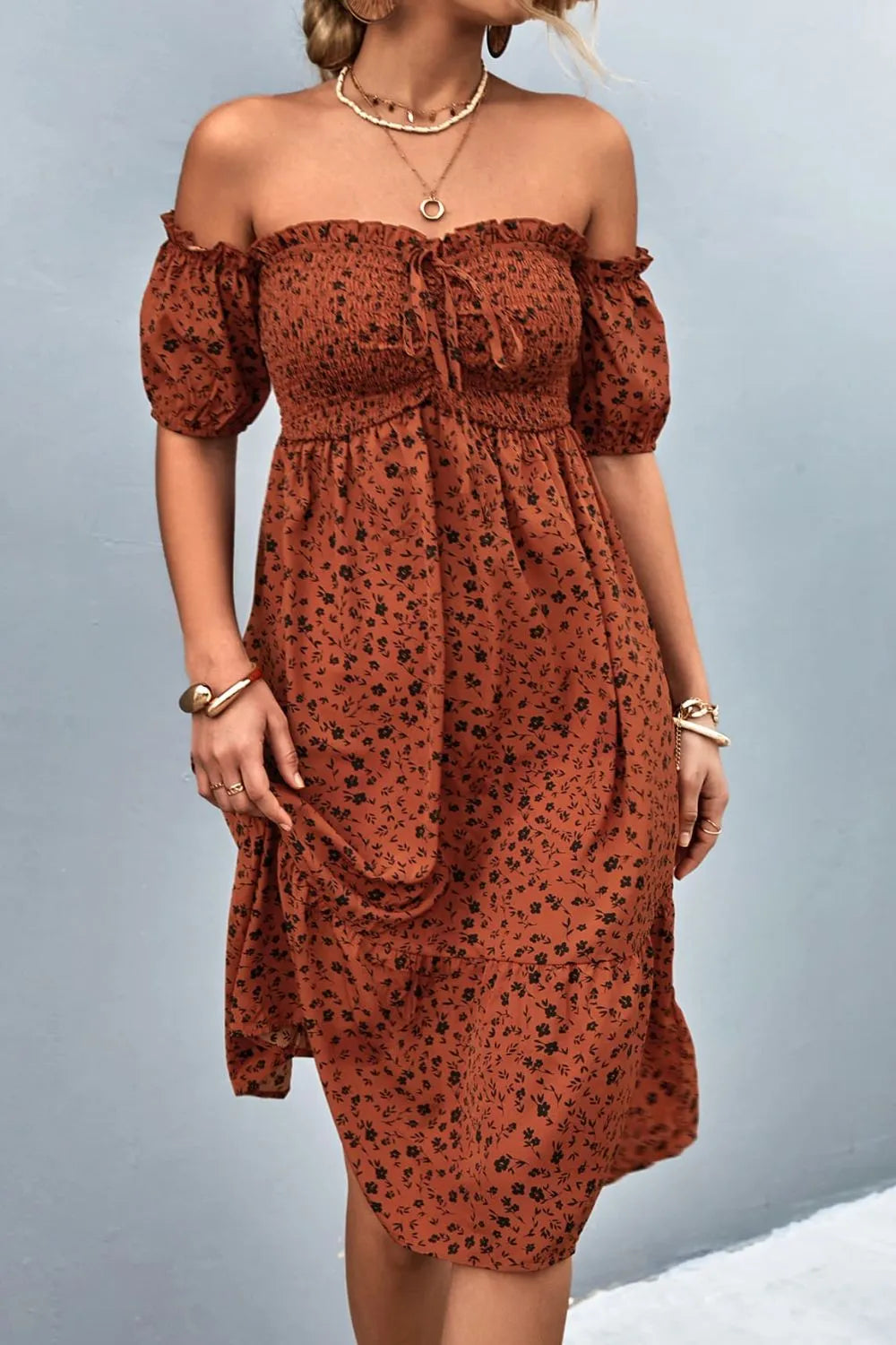 Ditsy Floral Smocked Off-Shoulder Dress