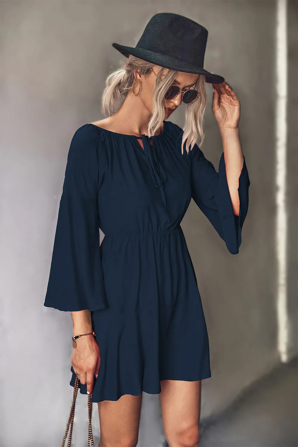 Tie-Neck Flare-Sleeve Mini Dress – view 10