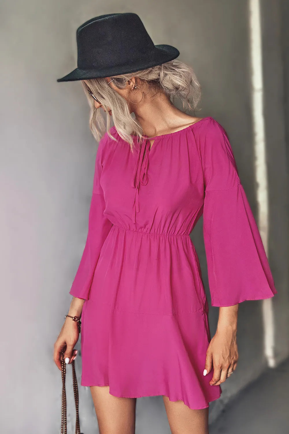 Tie-Neck Flare-Sleeve Mini Dress