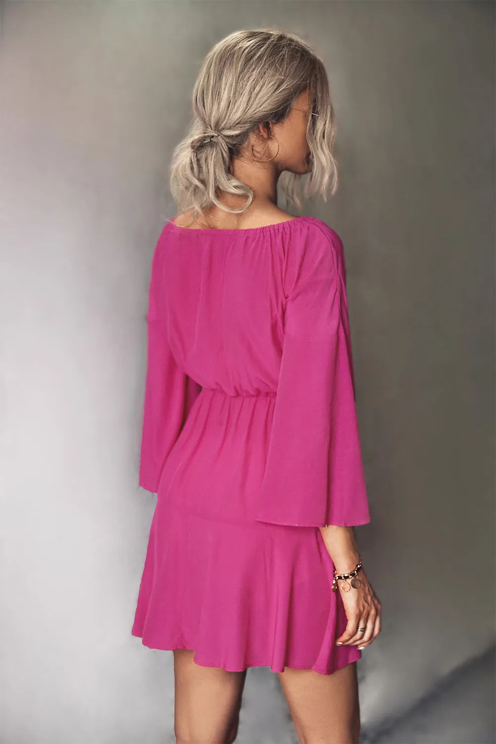 Tie-Neck Flare-Sleeve Mini Dress – view 2