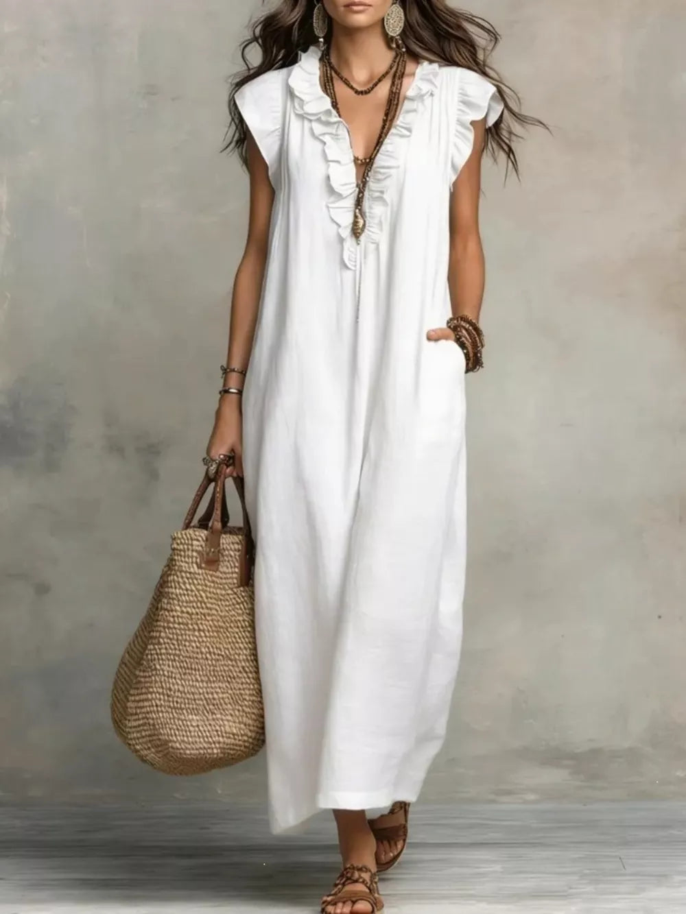 Ruffled V-Neck Cap-Sleeve Maxi Dress – view 3