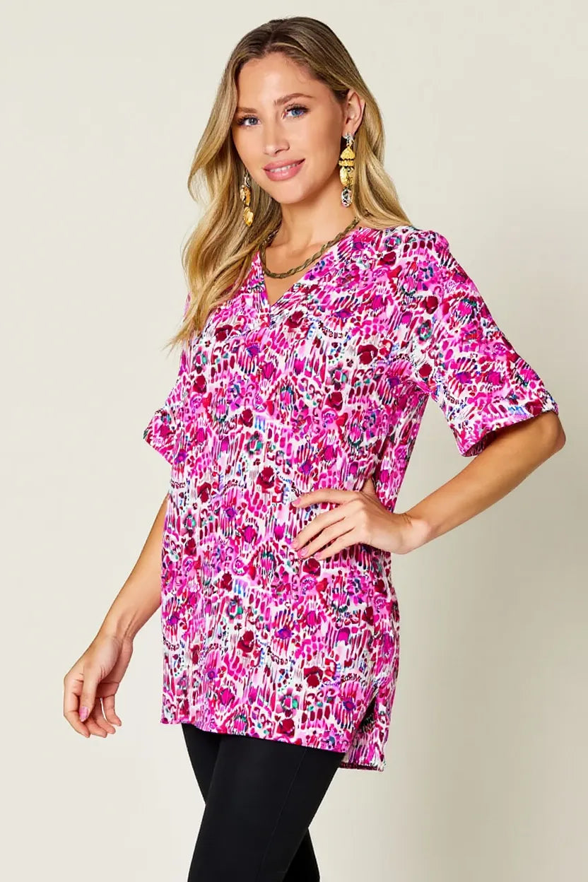 Double Take Full Size Printed V-Neck Short Sleeve Blouse – view 2