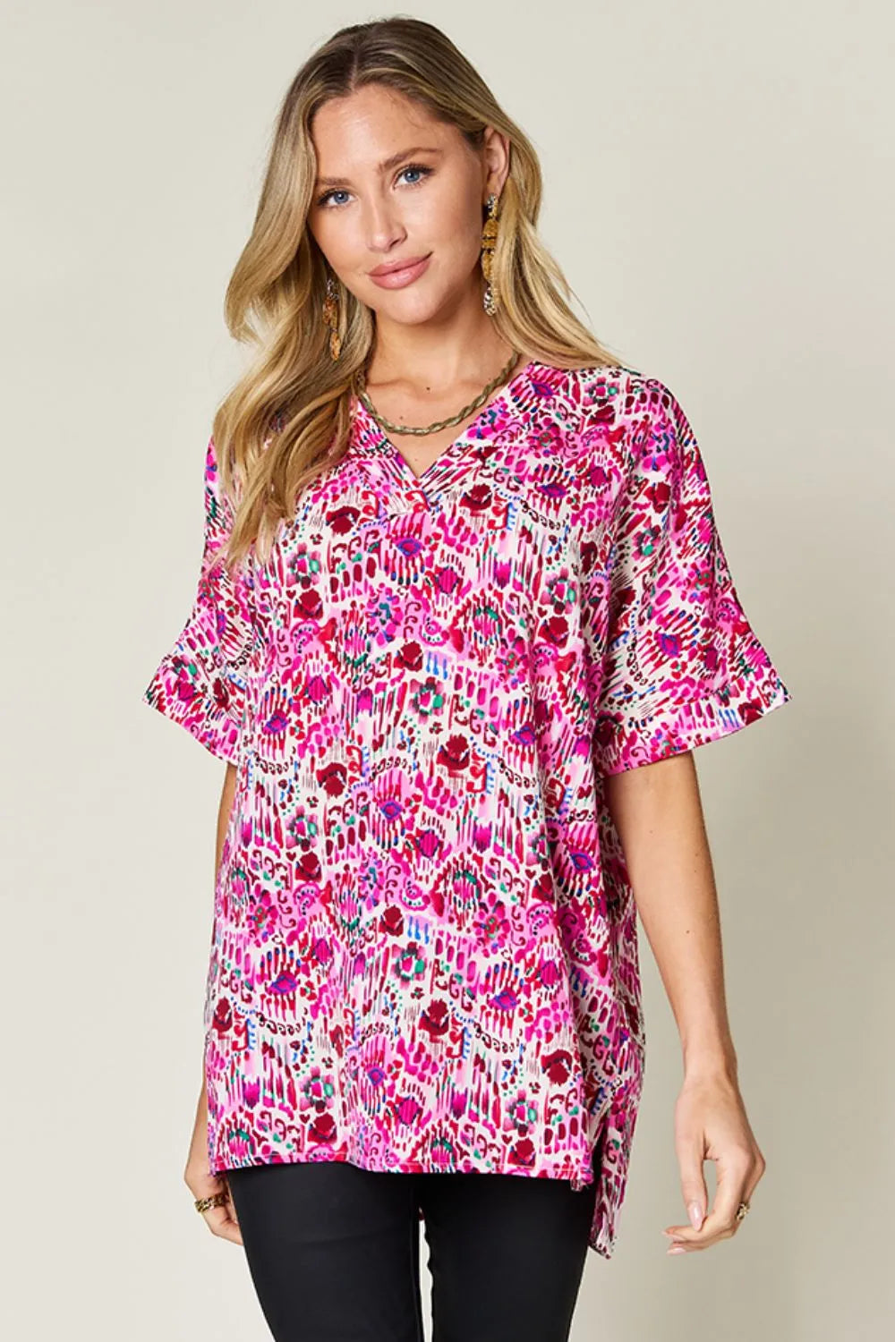 Double Take Full Size Printed V-Neck Short Sleeve Blouse – view 3