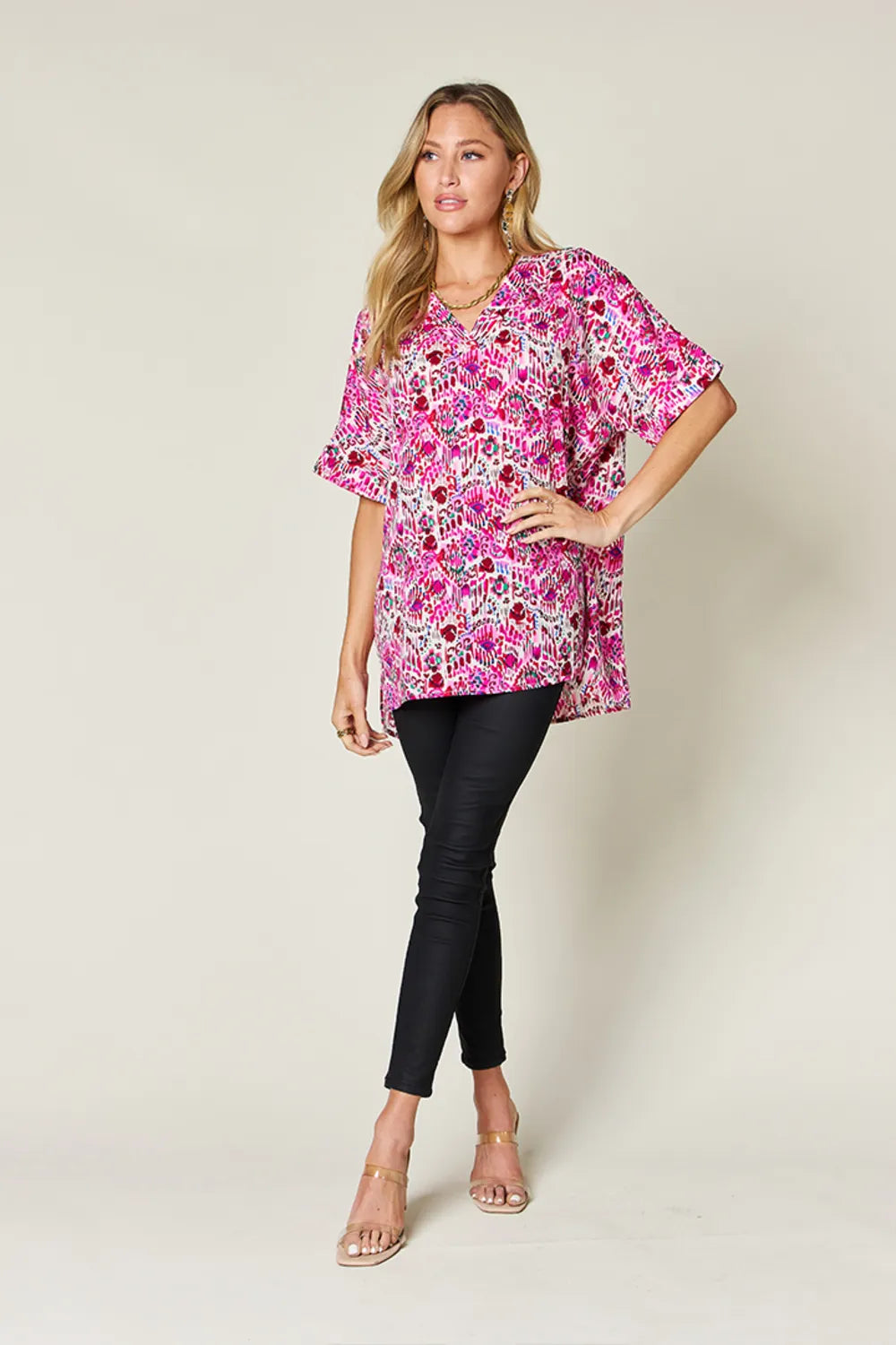 Double Take Full Size Printed V-Neck Short Sleeve Blouse – view 5