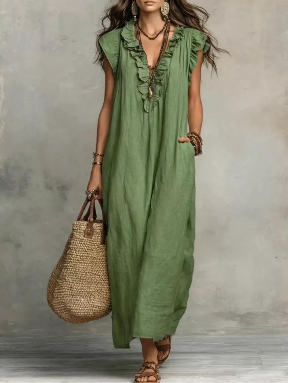 Ruffled V-Neck Cap-Sleeve Maxi Dress