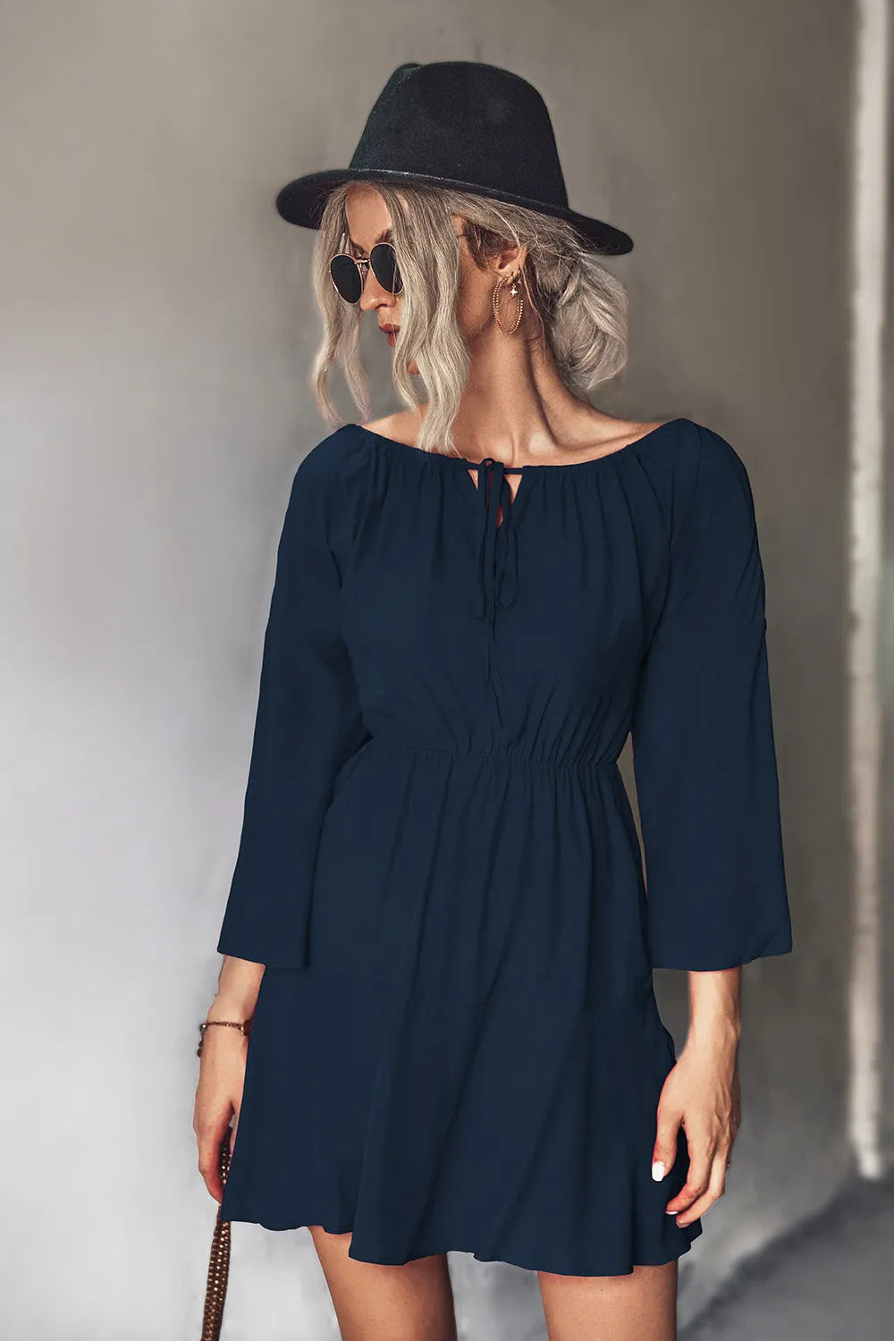 Tie-Neck Flare-Sleeve Mini Dress – view 9