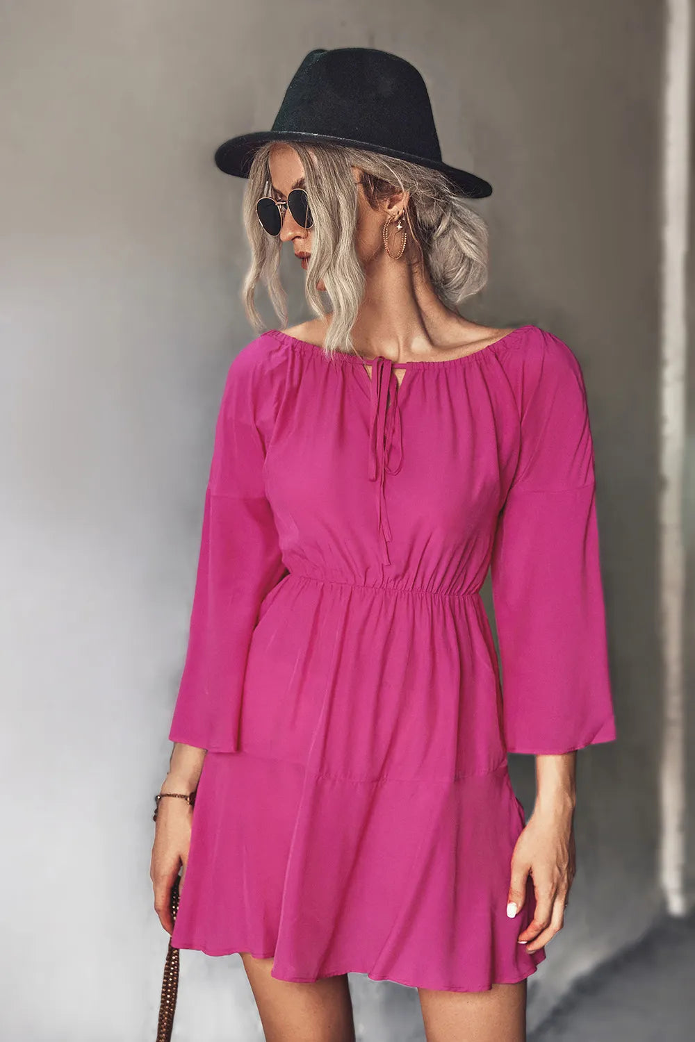Tie-Neck Flare-Sleeve Mini Dress – view 3