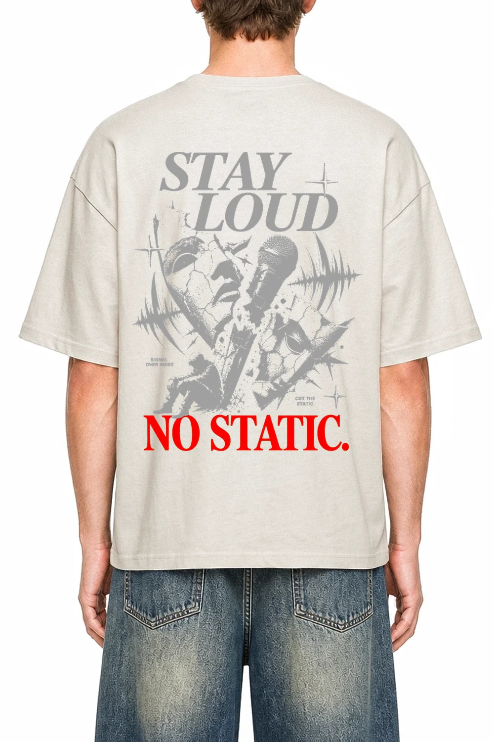 No Static Apricot graphic T-shirt on model, back view