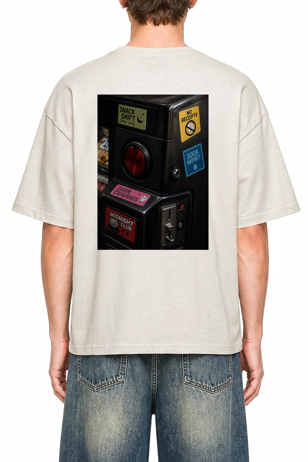 Midnight Snack Dept Apricot graphic T-shirt on model, back view