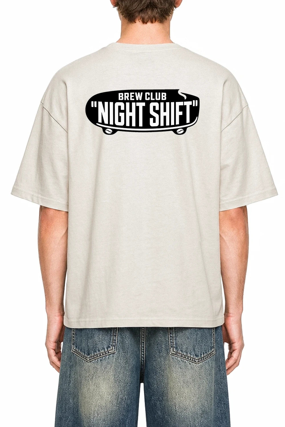 Night Shift Brew Club Apricot graphic T-shirt on model, back view