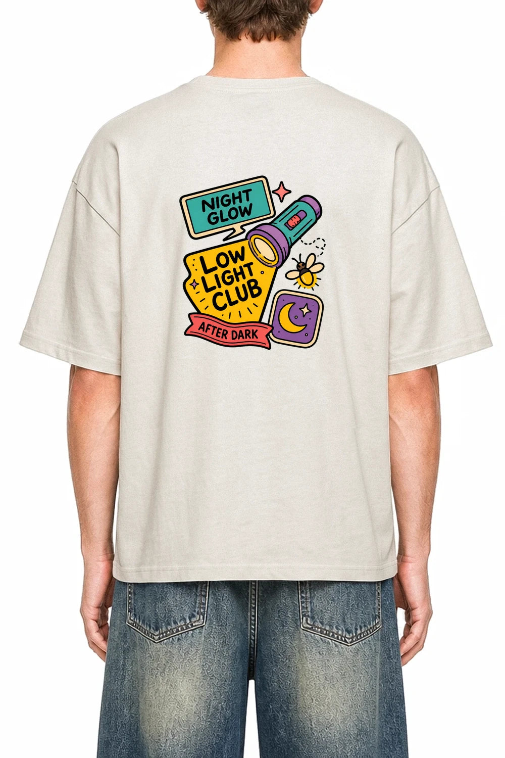 Night Glow Club Apricot graphic T-shirt on model, back view