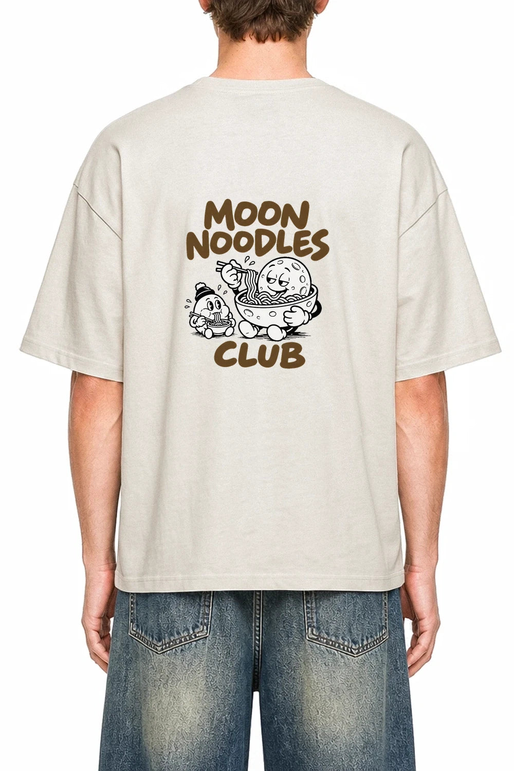 Moon Noodle Club Apricot graphic T-shirt on model, back view
