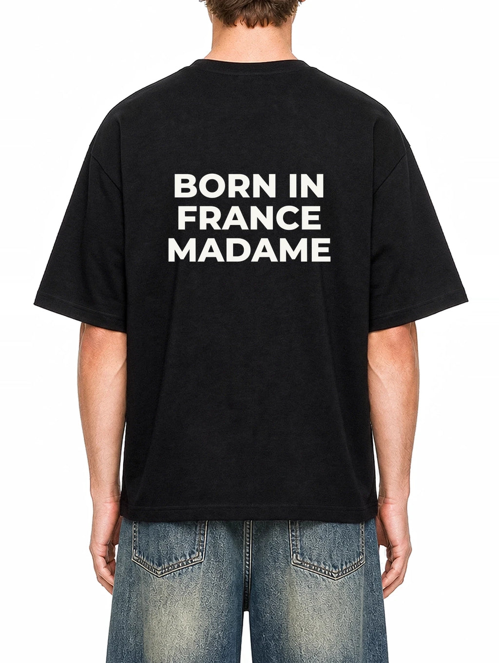 Born In France Madame Black graphic T-shirt on model, back view