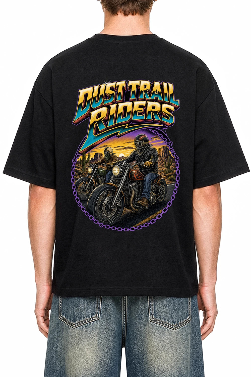 Dust Trail Riders Black graphic T-shirt on model, back view