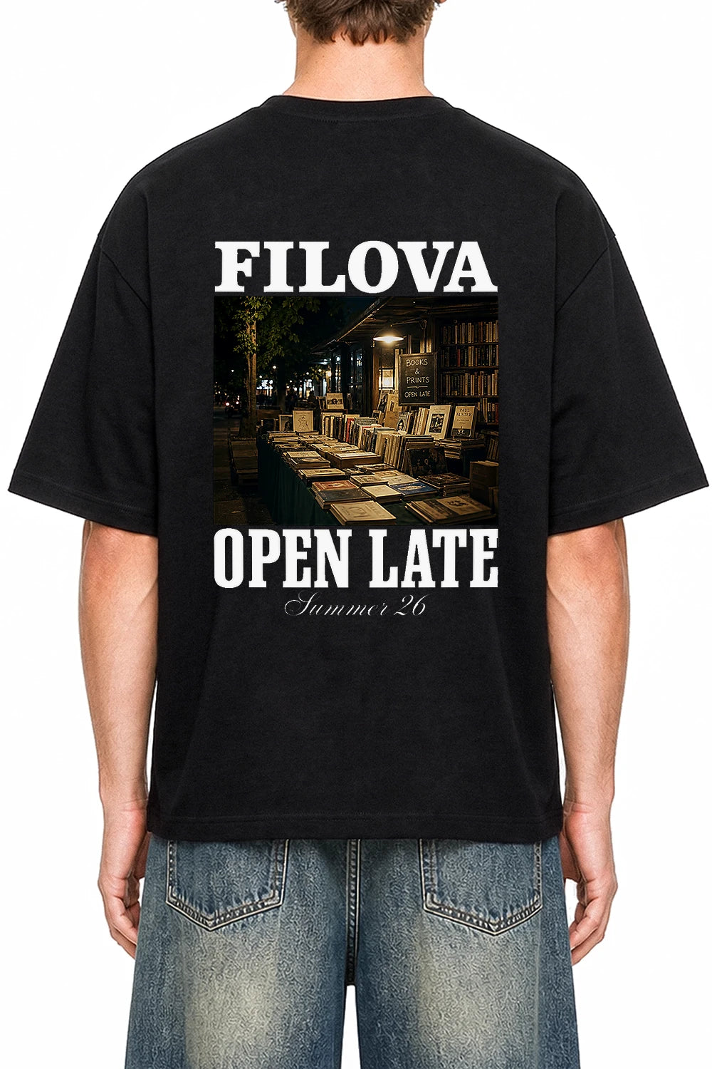 Open Late Book Market Black graphic T-shirt on model, back view