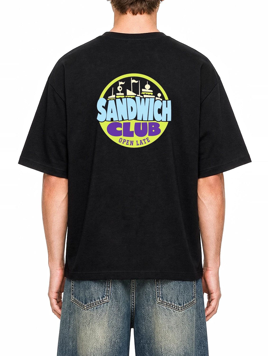 After Hours Sandwich Club Black graphic T-shirt on model, back view
