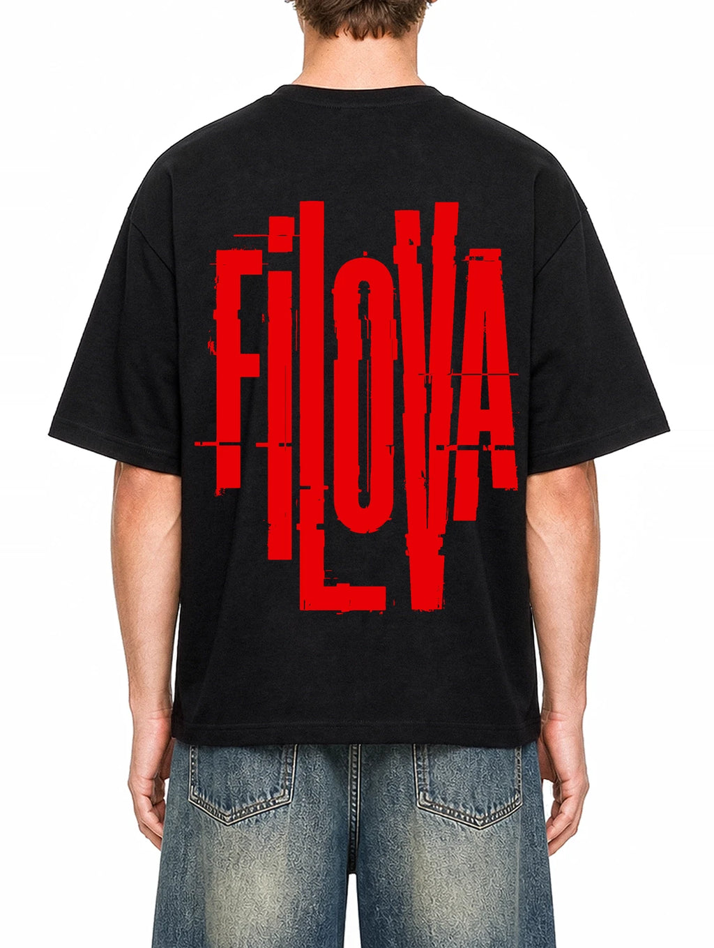 Filova Cyberpunk Red Black graphic T-shirt on model, back view