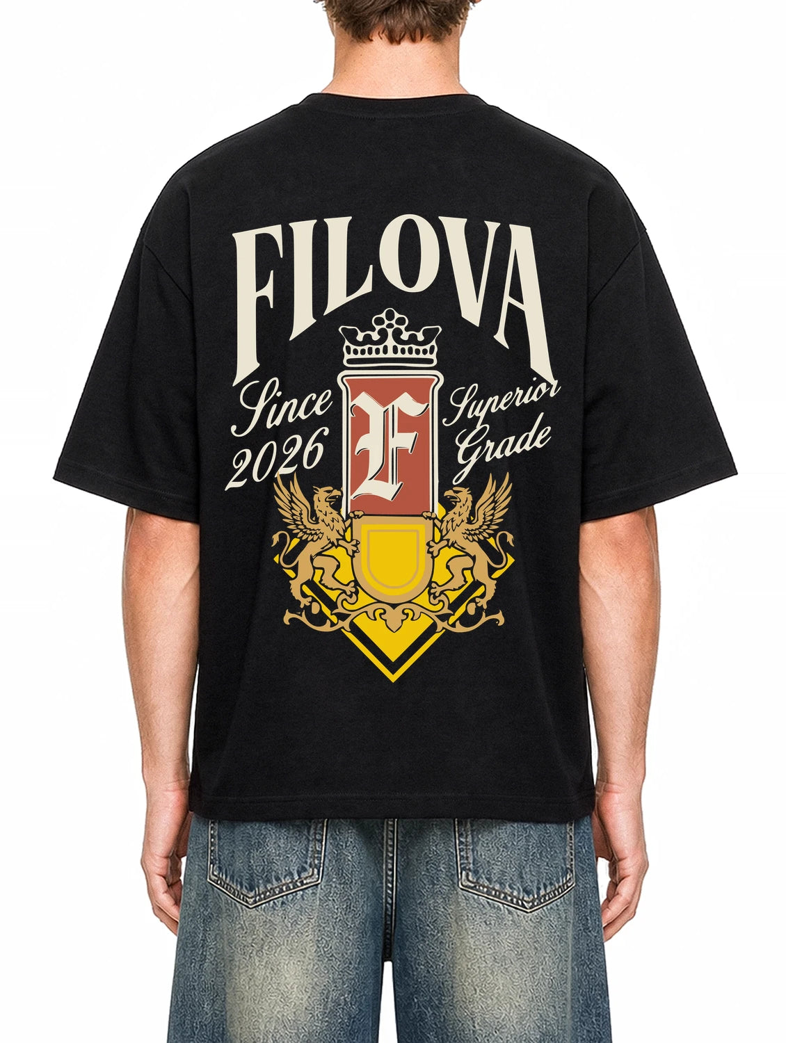 Filova Since 2026 Black graphic T-shirt on model, back view