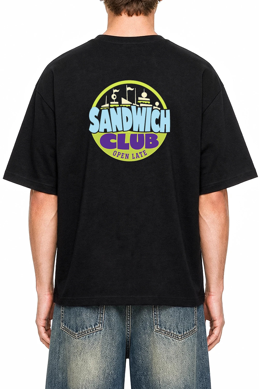 After Hours Sandwich Club Black graphic T-shirt on model, back view