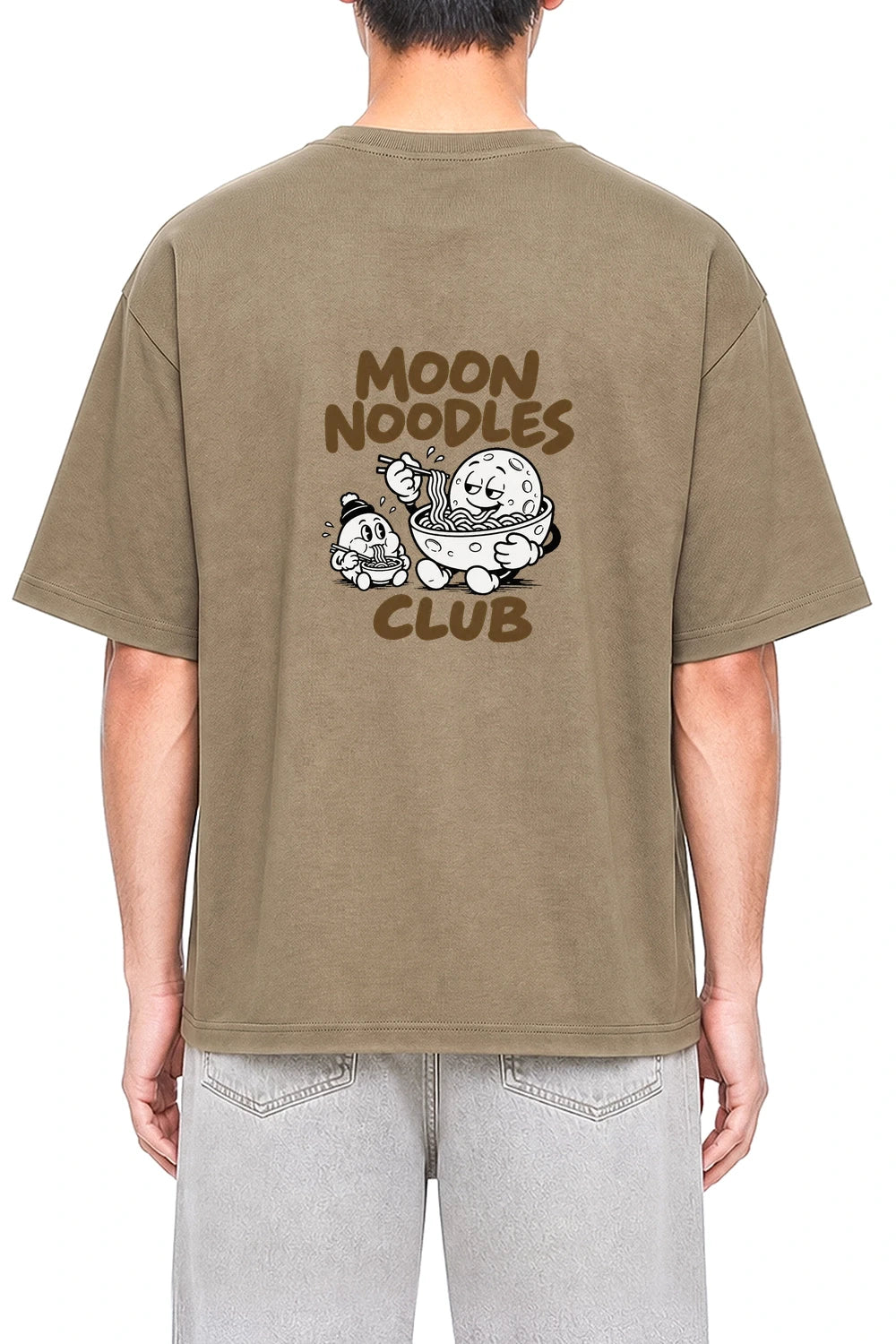 Moon Noodle Club Coffee graphic T-shirt on model, back view
