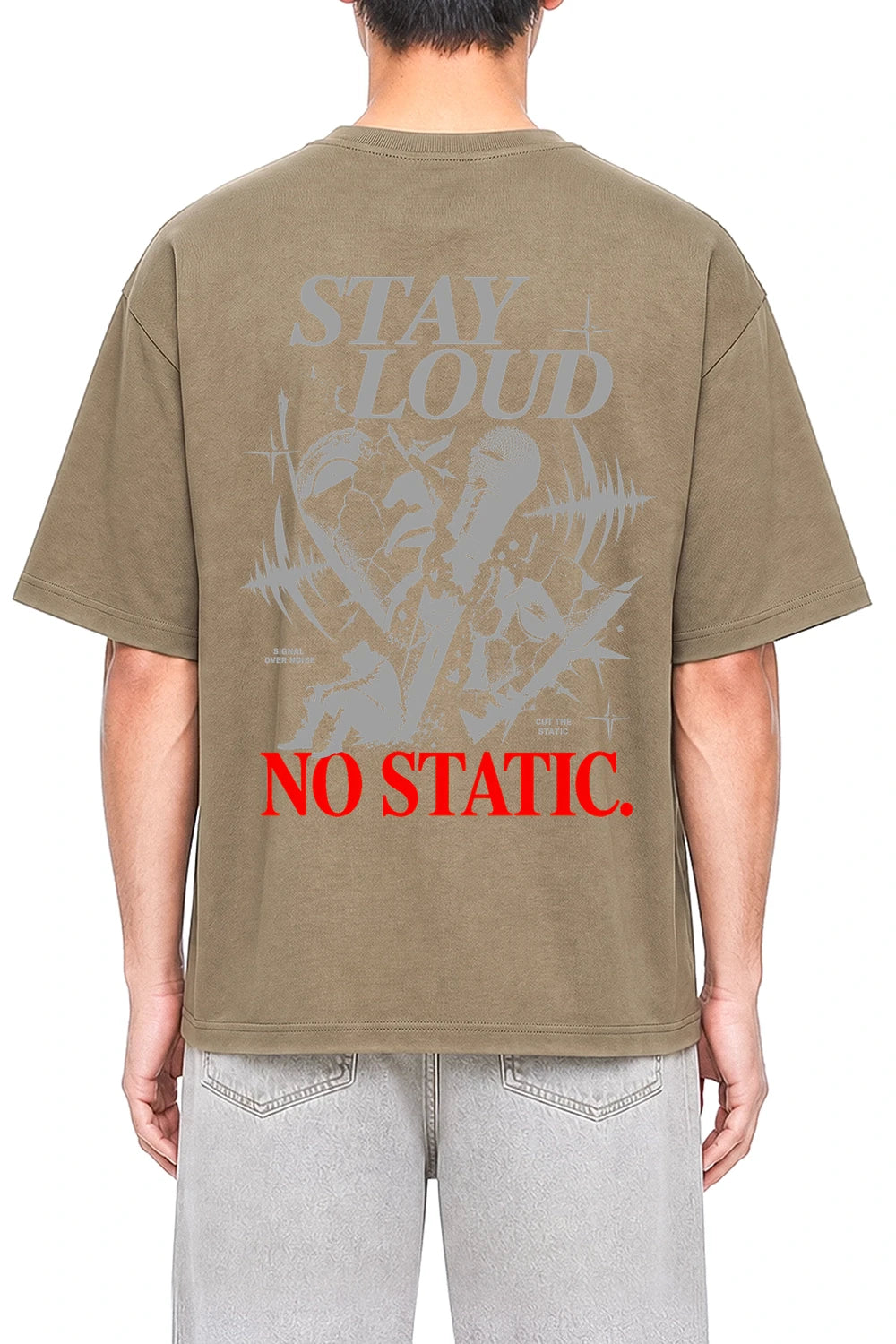 No Static Coffee graphic T-shirt on model, back view