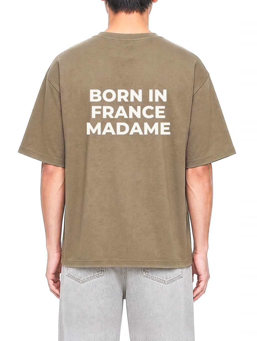Born In France Madame Coffee graphic T-shirt on model, back view
