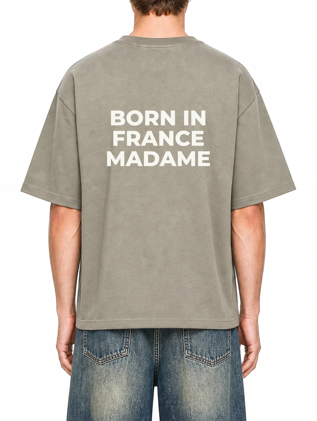 Born In France Madame Dark Apricot graphic T-shirt on model, back view