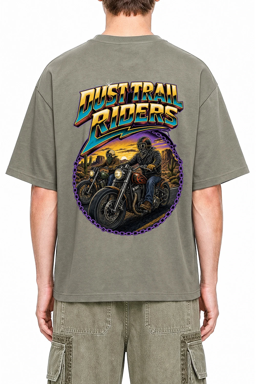 Dust Trail Riders Dark Gray graphic T-shirt on model, back view
