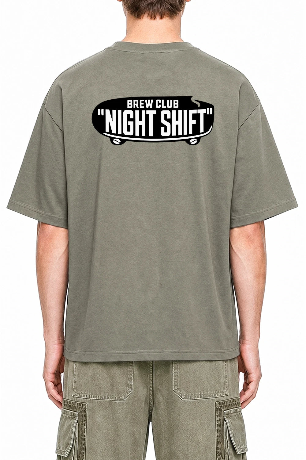 Night Shift Brew Club Dark Gray graphic T-shirt on model, back view