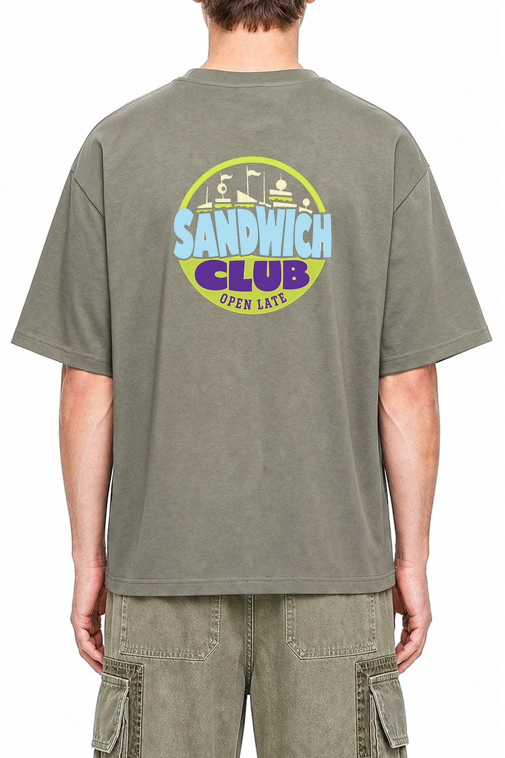 After Hours Sandwich Club Dark Gray graphic T-shirt on model, back view