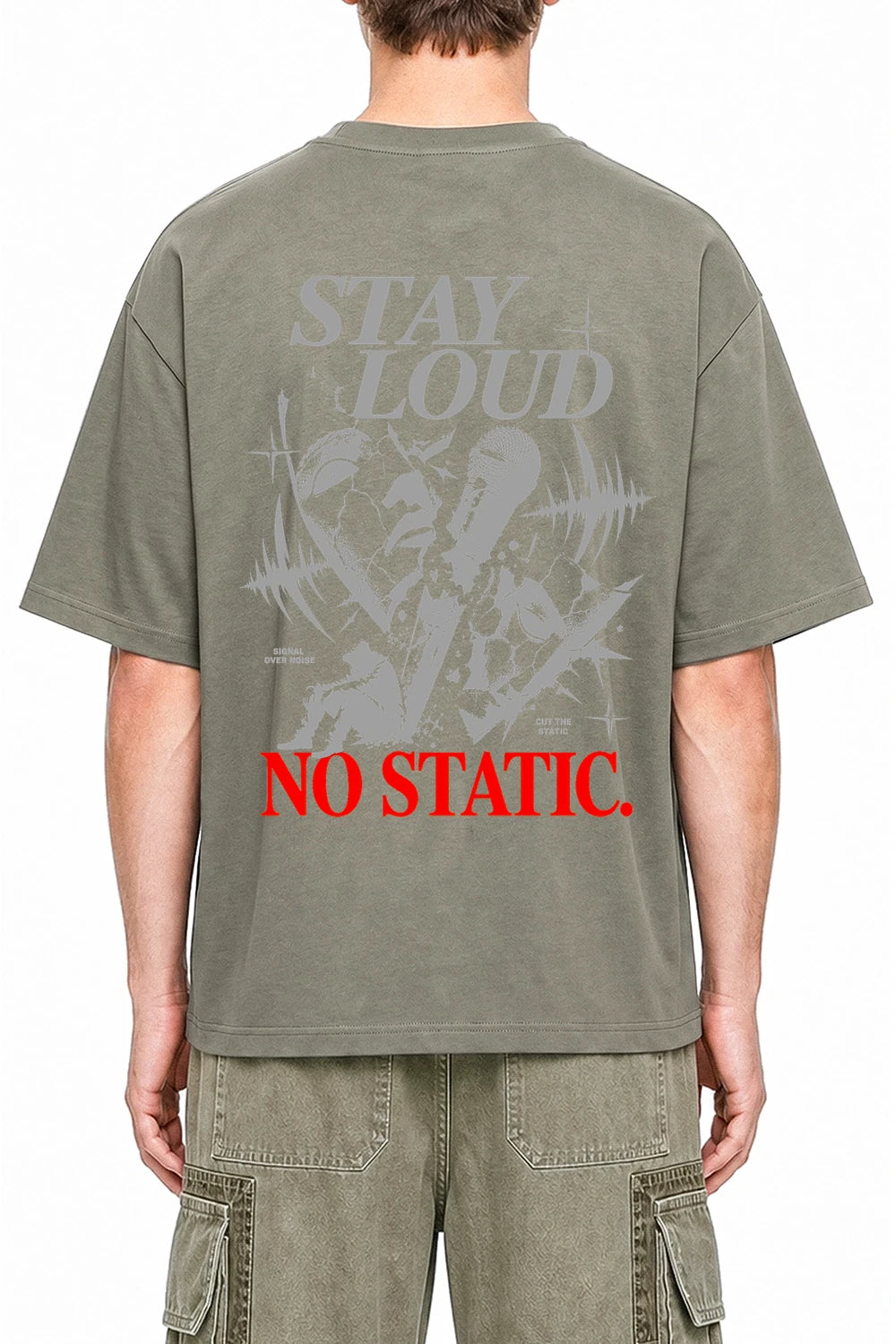 No Static Dark Gray graphic T-shirt on model, back view