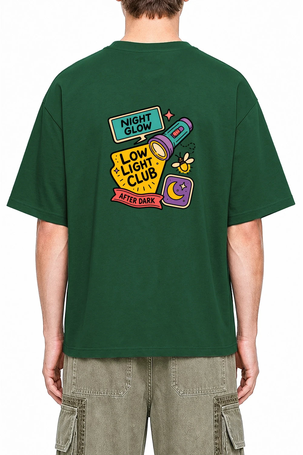Night Glow Club Dark Green graphic T-shirt on model, back view