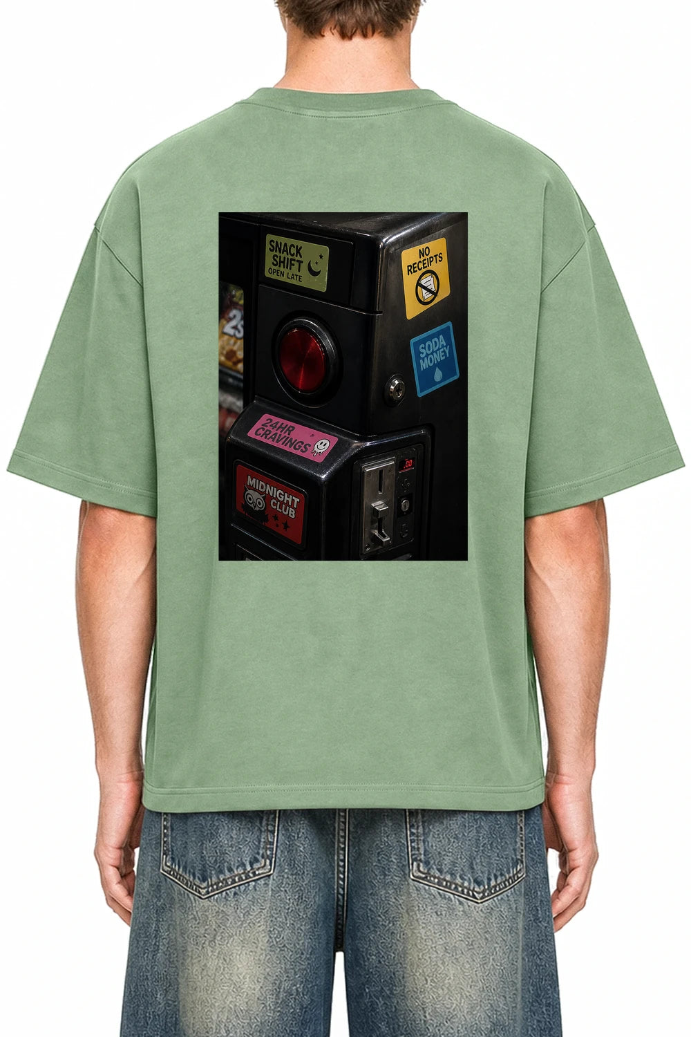 Midnight Snack Dept Light Green graphic T-shirt on model, back view