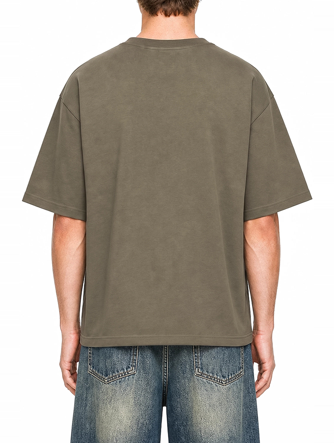 Art Of Filova Moss Green graphic T-shirt on model, back view