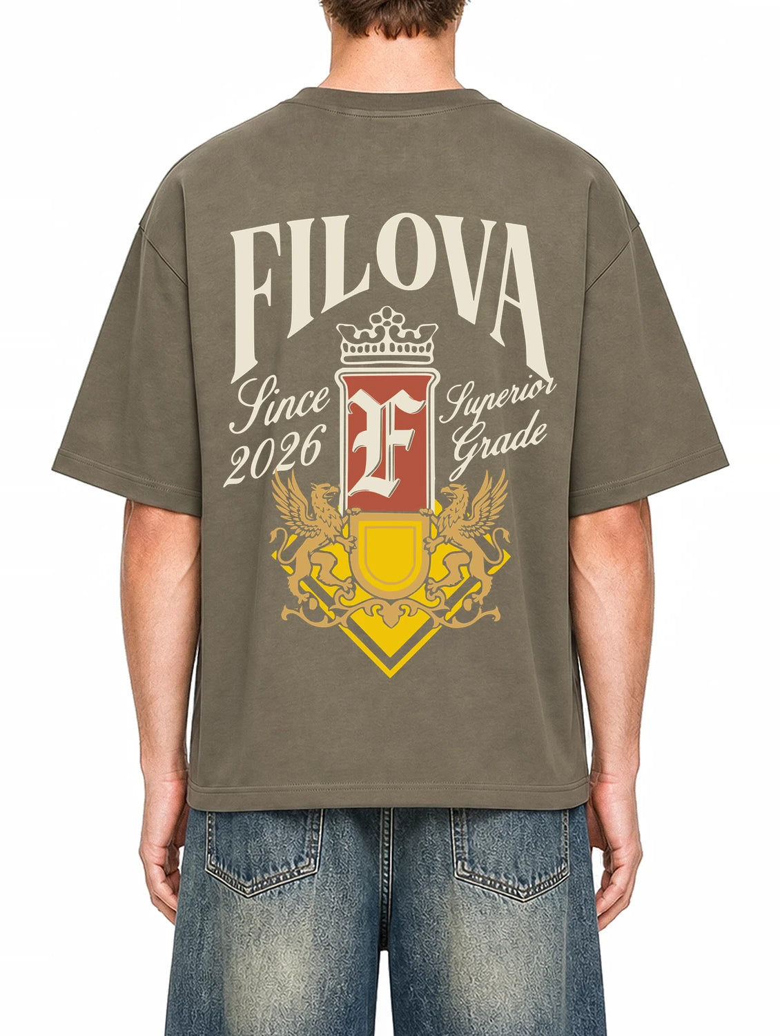 Filova Since 2026 Moss Green graphic T-shirt on model, back view
