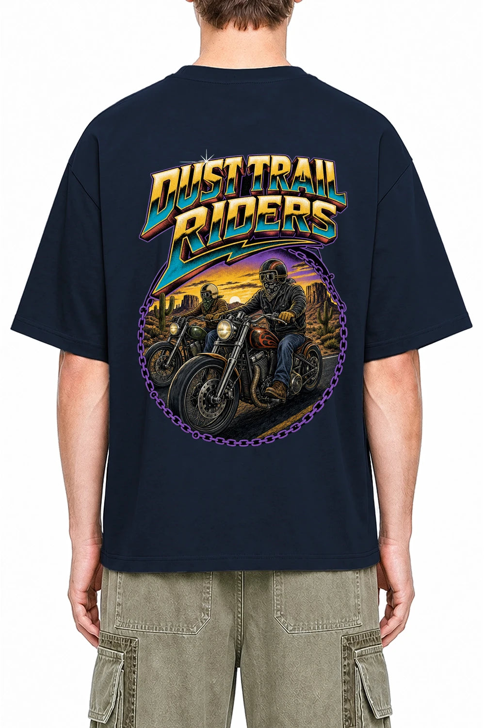 Dust Trail Riders Navy Blue graphic T-shirt on model, back view
