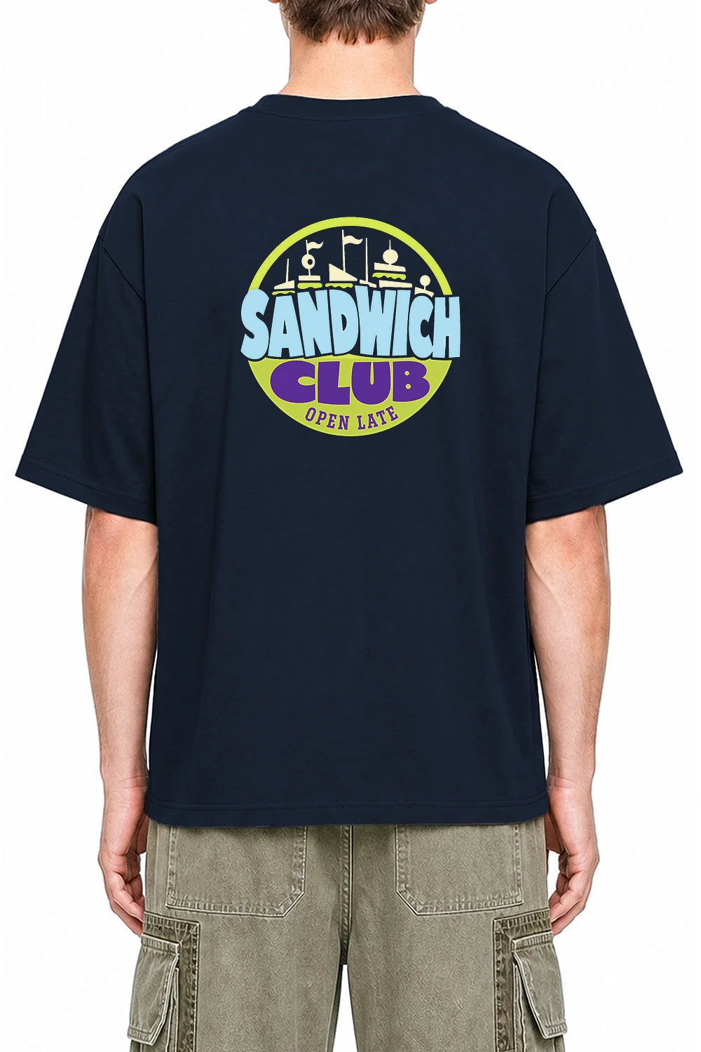 After Hours Sandwich Club Navy Blue graphic T-shirt on model, back view