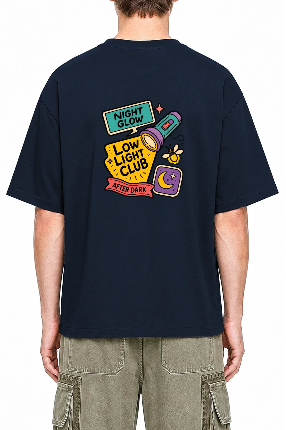 Night Glow Club Navy Blue graphic T-shirt on model, back view