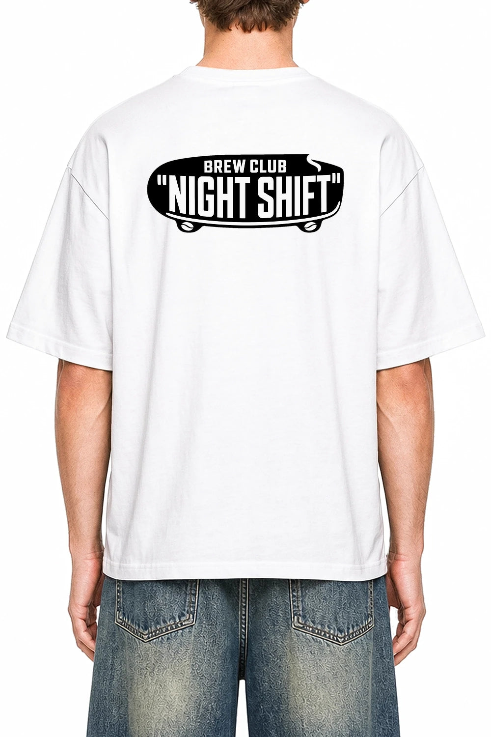 Night Shift Brew Club White graphic T-shirt on model, back view