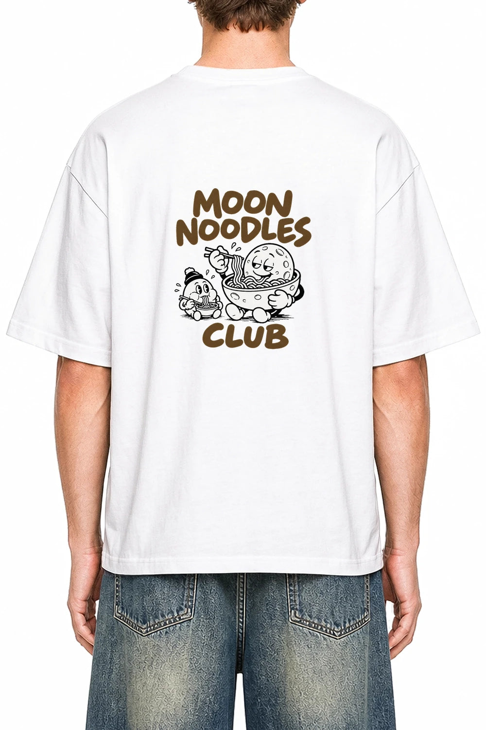 Moon Noodle Club White graphic T-shirt on model, back view